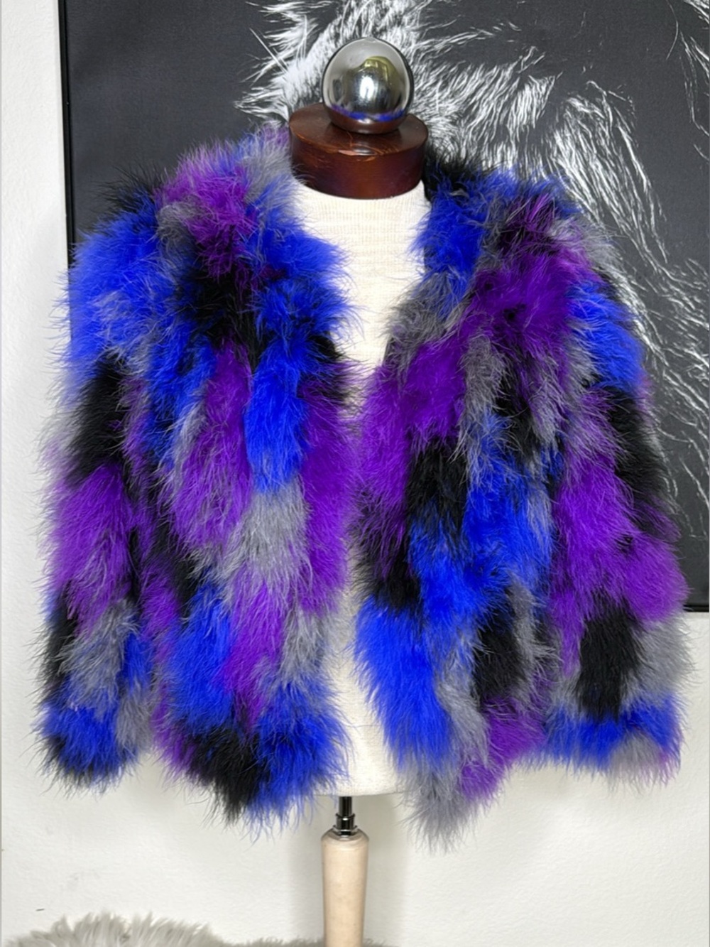 jocelyn Feather Bomber Jacket Unique Fun XS Multicolor Blue Purple Gray Black